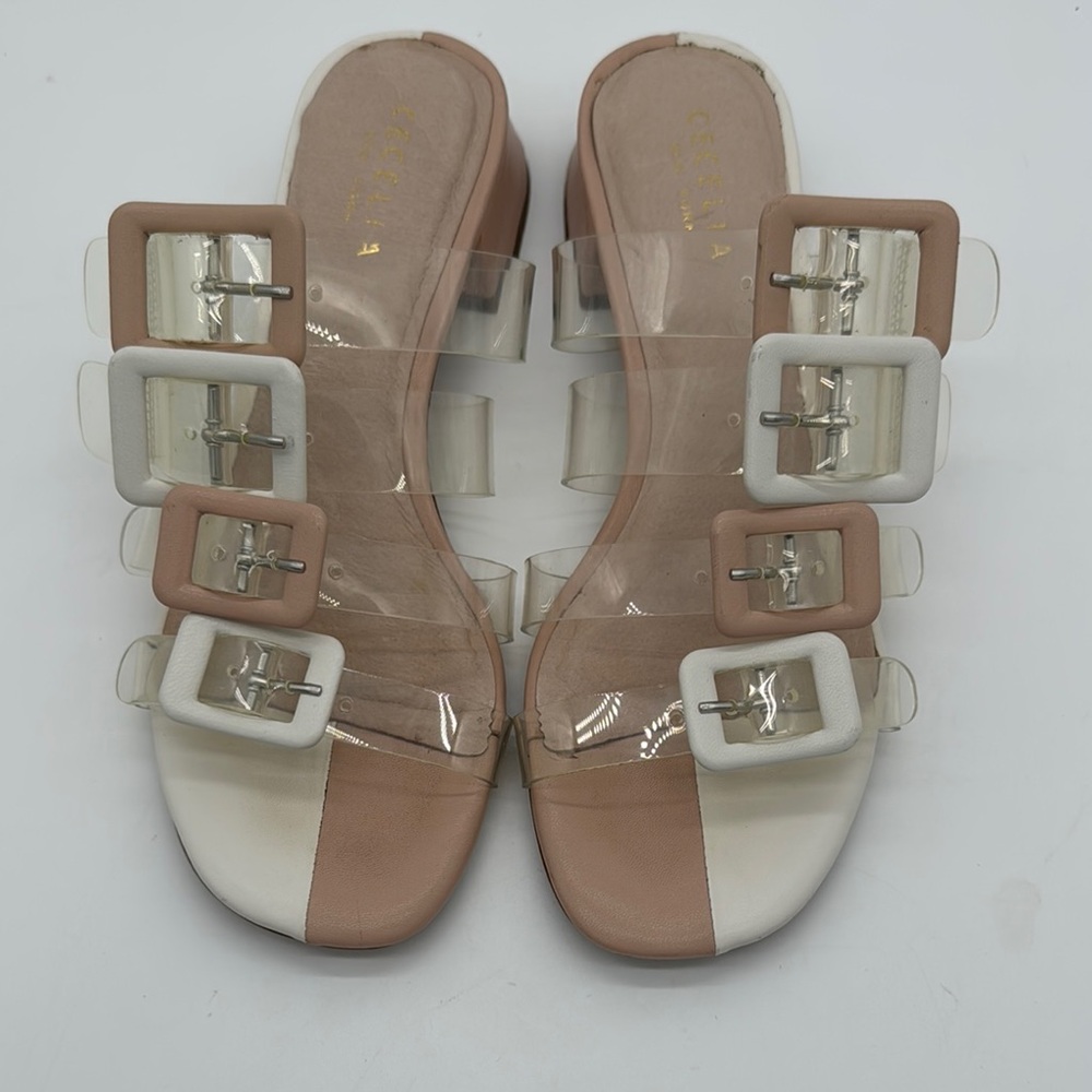 CECELIA NEW YORK Two-Tone Beige Cream Clear Buckle Slide Sandals - Picture 3 of 9